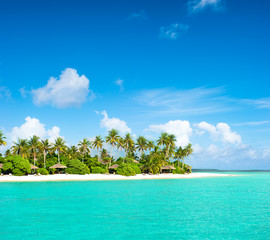 tropisch eilandstrand met palmbomen en bewolkte blauwe lucht