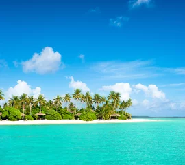 Fototapete Insel tropischer Inselstrand mit Palmen und bewölktem blauem Himmel