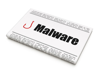 Privacy concept: newspaper with Malware and Fishing Hook