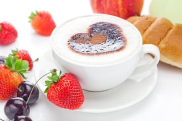 cappuccino in a cup in the shape of hearts,cherry,croissant  and