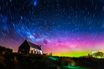Star trails and Aurora light at Church of the Good Shepherd, Lak