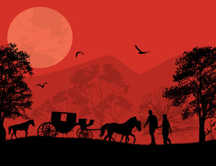 Carriage and lovers at red sunset