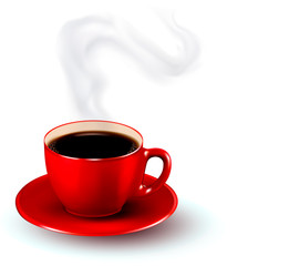 Perfect red cup of coffee with steam. Coffee design template. Ve