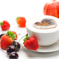 cappuccino in a cup in the shape of hearts,cherry,croissant  and