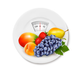 Fruit on the weight scale. Diet concept. Vector.