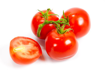 Closeup of tomatoes on the vine isolated on white. Tomato branch