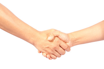 asia man and woman shaking hands, isolated on white