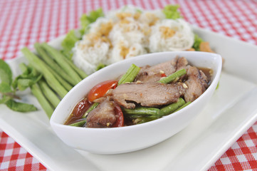 Spicy salad with pork