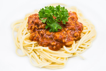 Spaghetti Bolognese on white plate