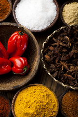 Assortment of spices in wooden bowl background 