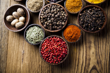 Spices on a wooden table