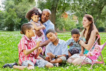 Fototapeta premium Mixed race family of six rests sitting on grass in summer park