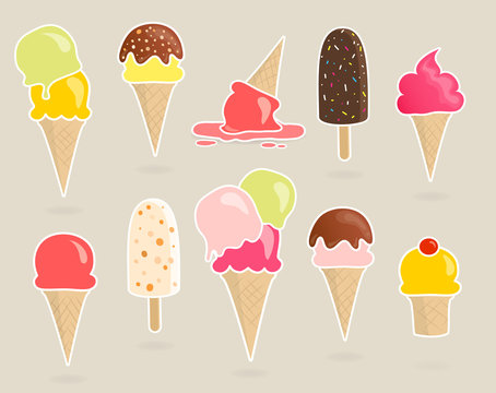 Set Of 10 Vector Ice Cream Stickers