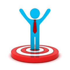 Businessman standing on red target with arms wide open
