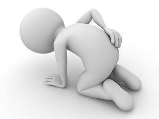 3d man sitting with backache over white background