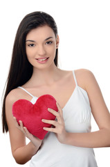  Girl holding a red heart. Happy woman, Valentine day.