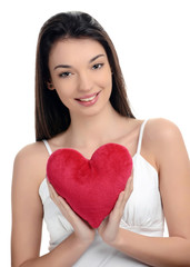  Girl holding a red heart.Valentine day.Focus heart,blur model.