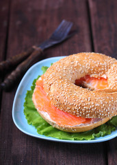 breakfast, a bagel with cream cheese and salmon