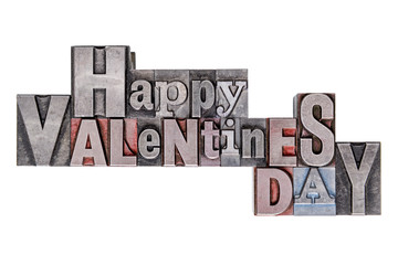 Happy Valentines Day in old metal letterpress isolated on white