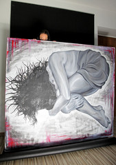 Original oil painting of depressive woman and author