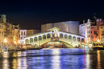 The Rialto bridge, Venice, Italy. Night. River. Grand canal