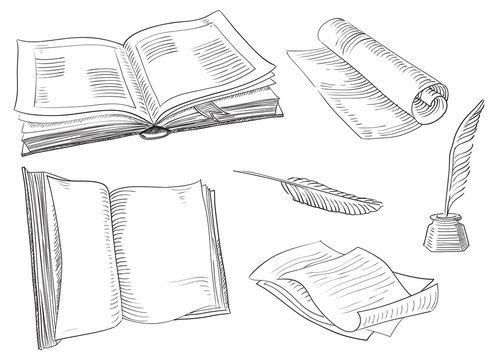 Vector old  books and antique objects at engraving style.