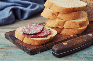 Sliced baguette with salami