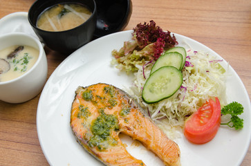 Grilled salmon, salad, chawanmushi and soup miso