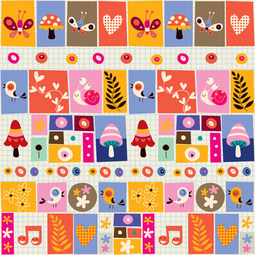 cute flowers, birds, mushrooms & snails collage pattern