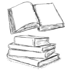vector sketch illustration -  open book and stack of books