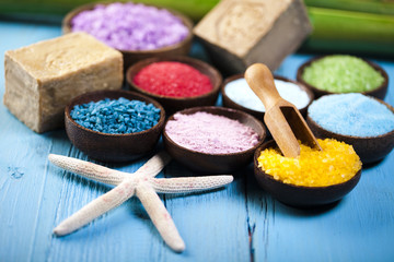  Sea salt in wooden bowl, organic products, Spa