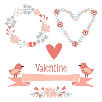 Cute valentine elements set, flowers, wreath, hearts