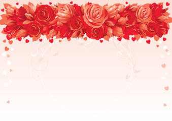 Border of  many red roses and  hearts on abstract background..