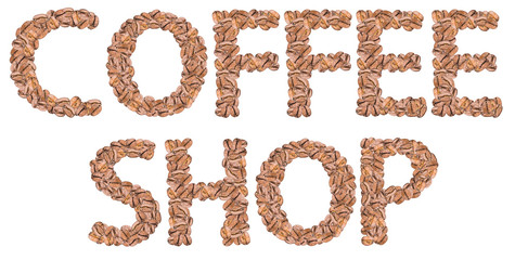 Coffee Shop Sign With Coffee Beans Isolated On White