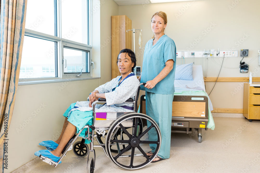 Wall mural patient on wheel chair while nurse standing behind at window