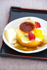 roll cake and fruits pudding