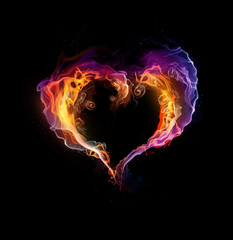 St. Valentine burning heart with flames against dark background