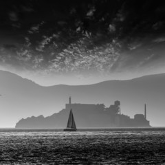 Alcatraz island penitentiary at sunset backlight in san Francisc