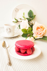 Raspberry macaron, selective focus