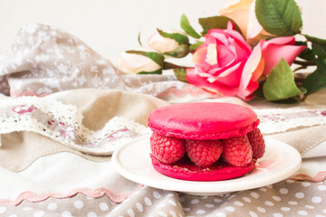 Raspberry macaron, selective focus