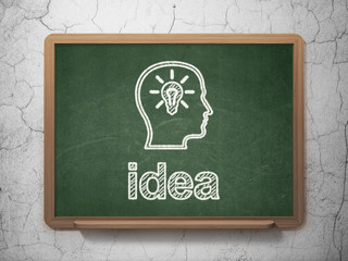 Advertising concept: Head With Lightbulb and Idea on chalkboard