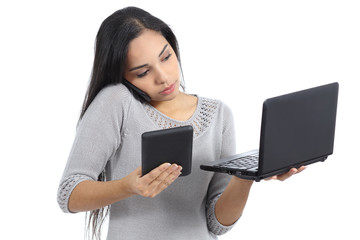 Arab business woman multi tasking busy with technology