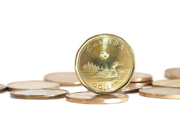 One Canadian dollar coins stack on white background - obrazy, fototapety, plakaty