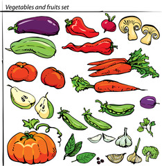 Set of delicious vegetables and fruits.