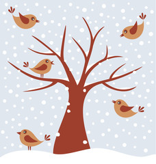 Tree and cute birds in the winter.