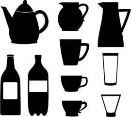 Silhouettes of bottles, jugs and cups.