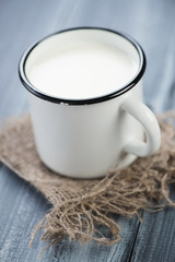 Obraz na płótnie Canvas Enameled cup with milk, vertical shot