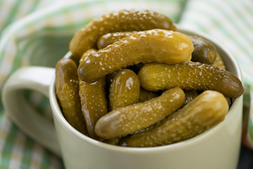 Close-up of pickled cucumbers, horizontal shot