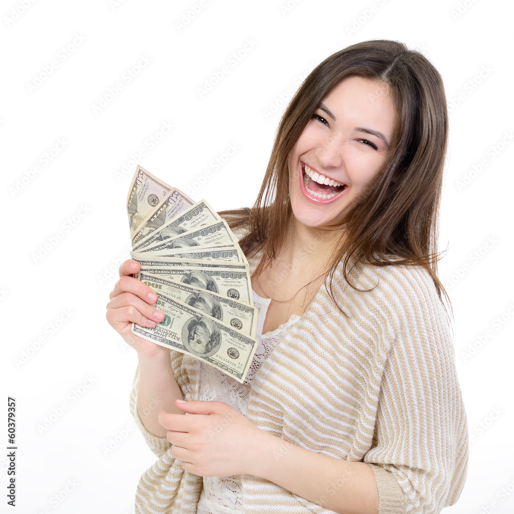 Wall mural cheerful attractive young lady holding cash and happy smiling ov