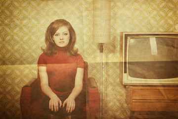 art portrait of young woman looking out at camera in room with v